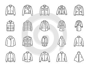 Outerwear clothes doodle illustration including icons - waterproof raincoat, windbreaker, peacoat, parka, wind cheater photo