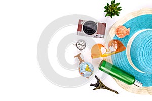 Outfit and accessories of traveler on white background with cop