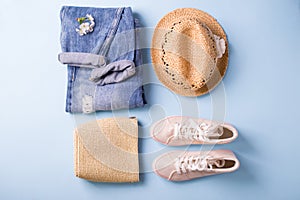 Outfit of casual woman. Collage  with  jeans overalls,  sneakers, handbag, wicker ha