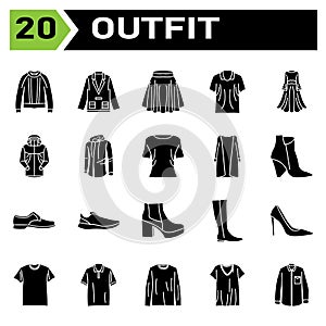 Outfit icon set include fashion, clothing, clothes, apparel, shirt, wear, shoes, man, footwear, male, shoe, sport bra, bra, outfit