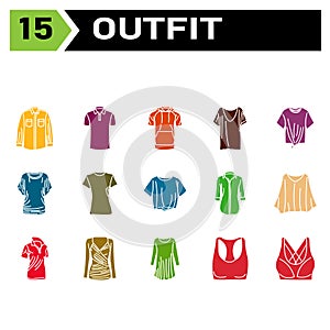 Outfit icon set include fashion, clothing, clothes, apparel, shirt, wear, shoes, man, footwear, male, shoe, sport bra, bra, outfit