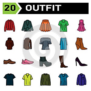 Outfit icon set include fashion, clothing, clothes, apparel, shirt, wear, shoes, man, footwear, male, shoe, sport bra, bra, outfit