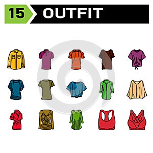 Outfit icon set include fashion, clothing, clothes, apparel, shirt, wear, shoes, man, footwear, male, shoe, sport bra, bra, outfit