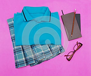 Outfit of student.Different objects on color background.