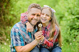 Outgrow allergies. Biggest pollen allergy questions. Father little girl enjoy summertime. Dad and daughter blowing