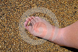 Outgrowing toenail on right foot, resting on a gravel path