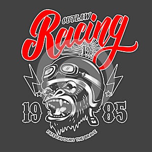 Outlaw Racing. Emblem template with cartoon racer gorilla. Design element for logo, label, sign, emblem, poster.