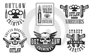 Outlaw Street Criminal Retro Labels Set, Ghetto Warriors Black Badges Vector Illustration