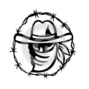 Outlaw Wearing Face Mask with Barbed Wire Ring Mascot Black and White