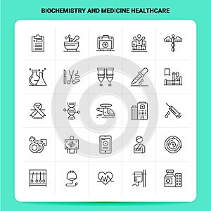 OutLine 25 Biochemistry And Medicine Healthcare Icon set. Vector Line Style Design Black Icons Set. Linear pictogram pack. Web and