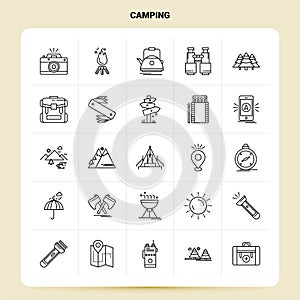 OutLine 25 Camping Icon set. Vector Line Style Design Black Icons Set. Linear pictogram pack. Web and Mobile Business ideas design