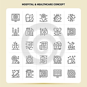 OutLine 25 Hospital & Healthcare Concept Icon set. Vector Line Style Design Black Icons Set. Linear pictogram pack. Web and Mobile