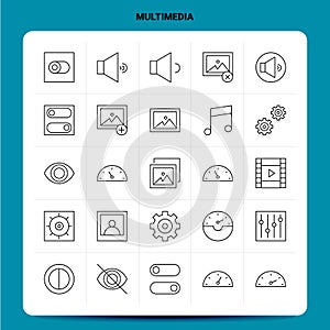 OutLine 25 Multimedia Icon set. Vector Line Style Design Black Icons Set. Linear pictogram pack. Web and Mobile Business ideas