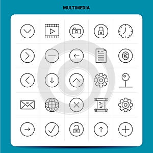 OutLine 25 Multimedia Icon set. Vector Line Style Design Black Icons Set. Linear pictogram pack. Web and Mobile Business ideas