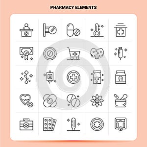 OutLine 25 Pharmacy Elements Icon set. Vector Line Style Design Black Icons Set. Linear pictogram pack. Web and Mobile Business