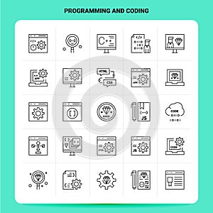 OutLine 25 Programming And Coding Icon set. Vector Line Style Design Black Icons Set. Linear pictogram pack. Web and Mobile