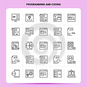 OutLine 25 Programming And Coding Icon set. Vector Line Style Design Black Icons Set. Linear pictogram pack. Web and Mobile