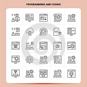OutLine 25 Programming And Coding Icon set. Vector Line Style Design Black Icons Set. Linear pictogram pack. Web and Mobile