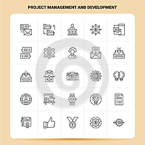 OutLine 25 Project Management and Development Icon set. Vector Line Style Design Black Icons Set. Linear pictogram pack. Web and