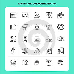 OutLine 25 Tourism And Outdoor Recreation Icon set. Vector Line Style Design Black Icons Set. Linear pictogram pack. Web and