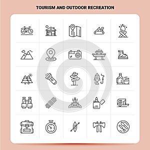 OutLine 25 Tourism And Outdoor Recreation Icon set. Vector Line Style Design Black Icons Set. Linear pictogram pack. Web and