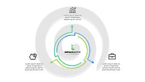 Outline abstract diagram divided into 3 elements. Design concept of three steps or parts of business cycle. Infographic