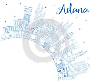 Outline Adana Turkey City Skyline with Blue Buildings and Copy Space