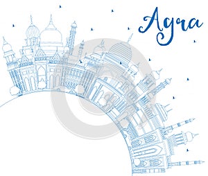 Outline Agra India City Skyline with Blue Buildings and Copy Space