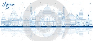 Outline Agra India City Skyline with Blue Buildings and Reflections