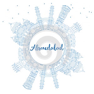 Outline Ahmedabad Skyline with Blue Buildings and Copy Space.