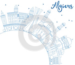 Outline Algiers Skyline with Blue Buildings and Copy Space.