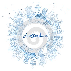 Outline Amsterdam Holland City Skyline with Blue Buildings and Copy Space