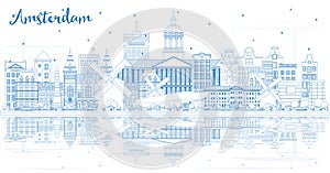 Outline Amsterdam Holland City Skyline with Blue Buildings and Reflections