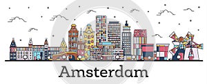 Outline Amsterdam Netherlands City Skyline with Color Buildings Isolated on White