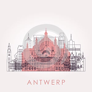 Outline Antwerp skyline with landmarks.