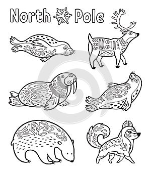 Outline Arctic animals set for coloring page