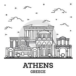 Outline Athens Greece City Skyline with Historical Buildings Isolated on White