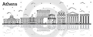 Outline Athens Greece City Skyline with Historical Buildings and Reflections Isolated on White