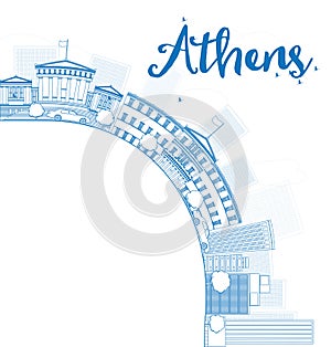 Outline Athens Skyline with Blue Buildings and copy space