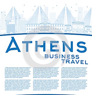 Outline Athens Skyline with Blue Buildings and copy space