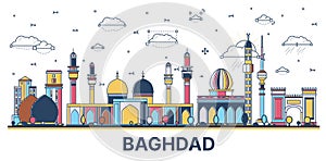 Outline Baghdad Iraq City Skyline with Colored Historic Buildings Isolated on White. Vector Illustration