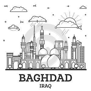 Outline Baghdad Iraq City Skyline with Historic Buildings Isolated on White. Baghdad Cityscape with Landmarks