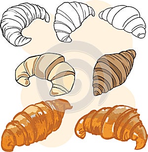 Outline bakery croissant,cartoon croissant drawing set