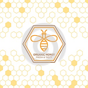 Outline bee vector symbol and seamless background with honeycombs.