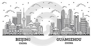 Outline Beijing and Guangzhou China City Skyline Set