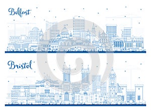 Outline Belfast Northern Ireland and Bristol UK City Skyline Set