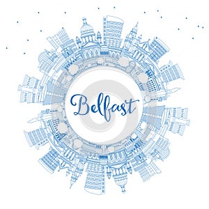 Outline Belfast Northern Ireland City Skyline with Blue Buildings and Copy Space. Belfast Cityscape with Landmarks. Travel and