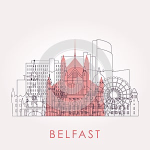 Outline Belfast skyline with landmarks.