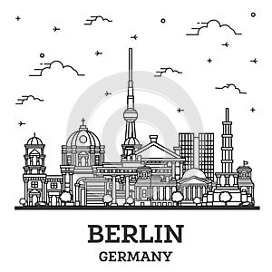Outline Berlin Germany City Skyline with Historical Buildings Isolated on White