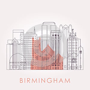 Outline Birmingham, Alabama skyline with landmarks.